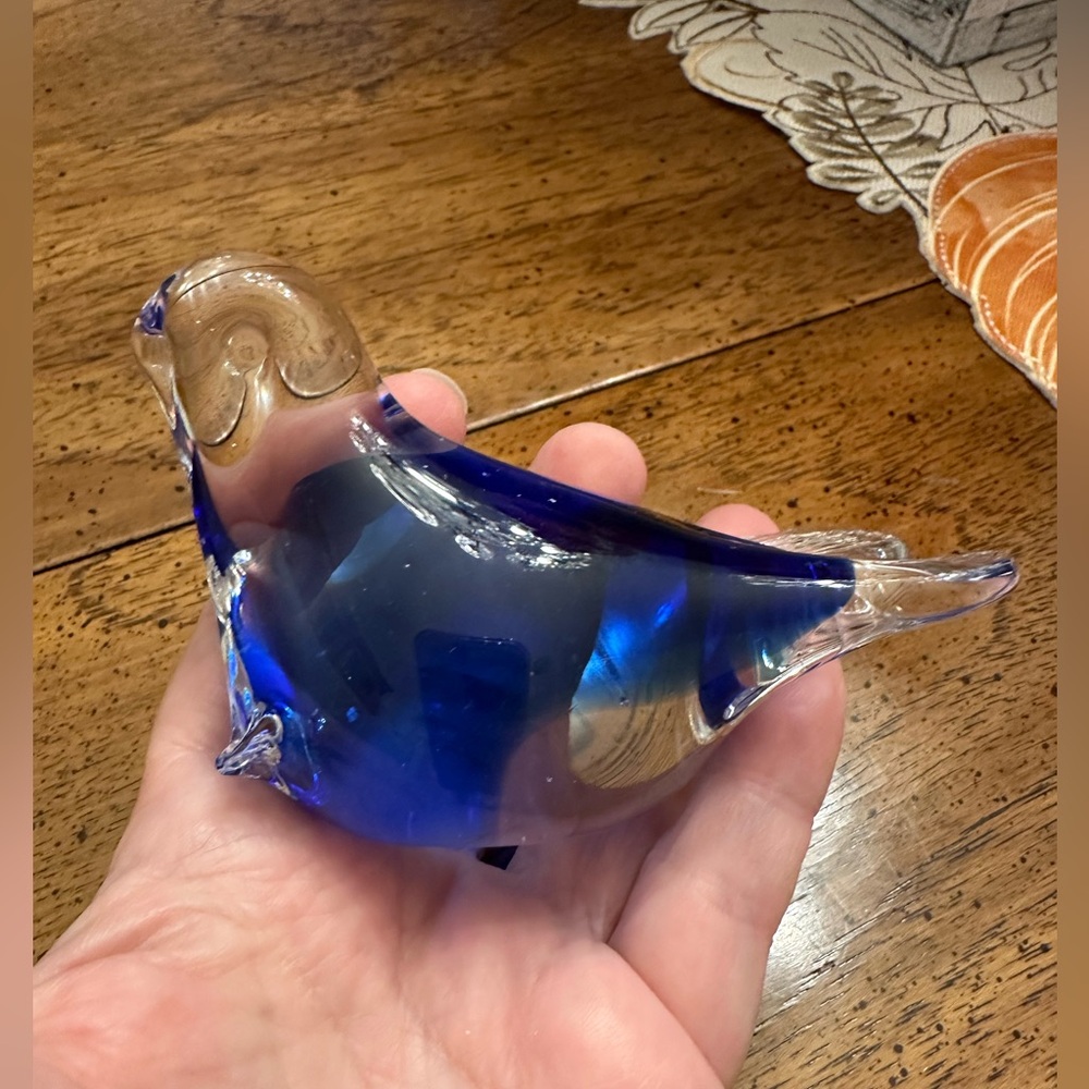 Blown glass seal paperweight , vintage clear and cobalt blue unsigned 4” x 2”